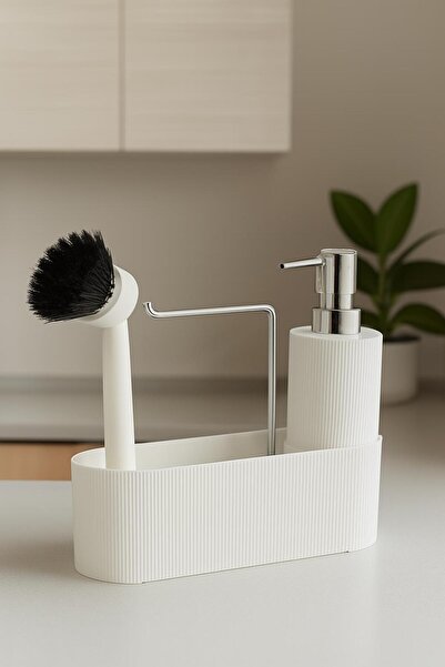 İLİVA Beyaz Fırçalı Sabunluk - Mutfak,Lavabo Düzenleyici Seti,Organizer