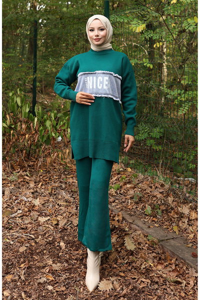 sefamerve Triko Kot Garnili Tunik Pantolon İkili Takım 1094-01 Petrol