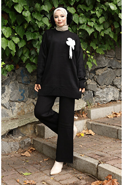 sefamerve Pletené zboží Květinové detailní tunikové kalhoty Dvoudílná sada 1028-03 Černá