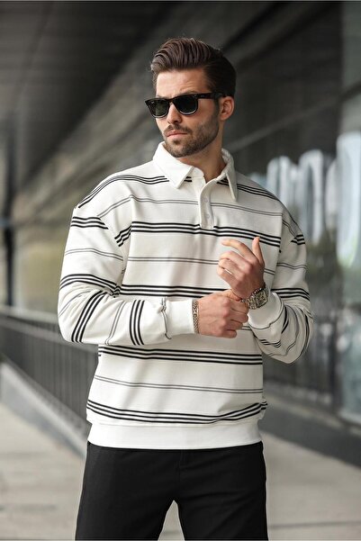 Madmext Ekru Çizgili Polo Yaka Erkek Sweatshirt E7172