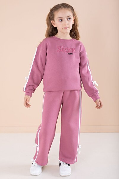 Cansın Mini Дівчачий спортивний костюм з вишитим написом «Gül Kurusu» та стрічками 23240