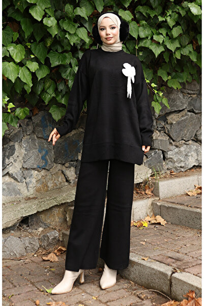 sefamerve Pletené zboží Květinové detailní tunikové kalhoty Dvoudílná sada 1028-03 Černá