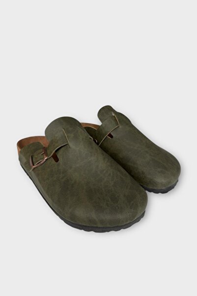 Liger Unisex Buckle Detailed Cork Anatomical Sole Slippers Khaki - Beige