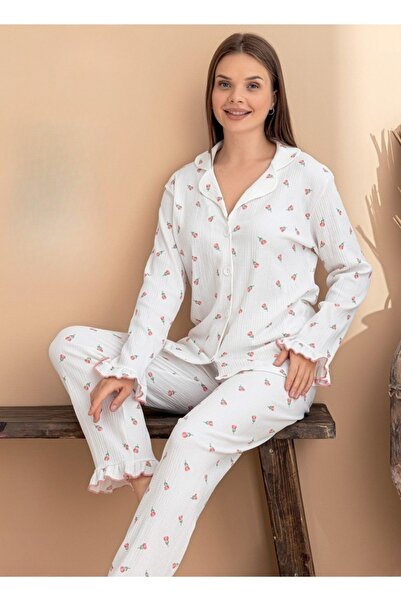 eliz طقم بيجامة نسائي من الليكرا بنقشة زهور وأزرار على الطول الكامل مع تفاصيل كشكشة