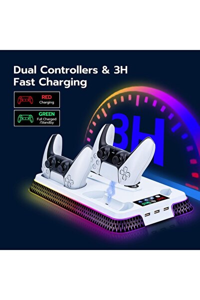 SIGHTZER PS5 İÇİN SOĞUTMA STANDI ÇİFT KOL ŞARJ RGB LED IŞIKLI 3 USB GİRİŞLİ S...