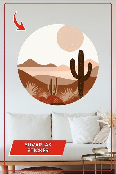 KOSS Dijital Autocolant rotund cu vedere la cactus și la deșert, în tonuri de...