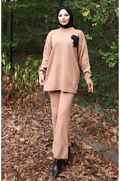 sefamerve Kötöttáru Gyöngyös tunika nadrág kétrészes szett 1021-02 Tejkávé