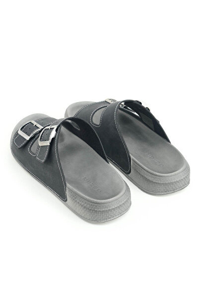 GEZER Papuci de vară pentru bărbați din piele artificială cu două catarame, cu talpă confortabilă, reglabile