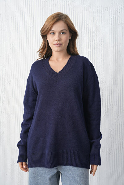 WOMAN VISION Women's Navy Blue Knitwear Fabric V-Neck Oversize Sweater 4093