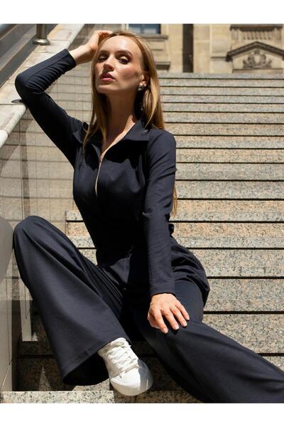 RİVUS Classic Collar Snap Detail Long Sleeve Blouse - Navy Blue