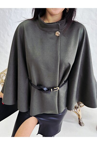 DİMA Πόντσο από σουέτ με κίτρινο κουμπί και λεπτομέρεια με ζώνη