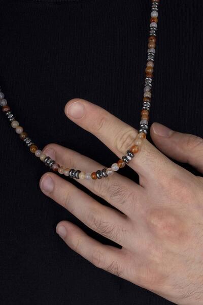 Gümüş Pazarım Hematite Stone and Agate Stone Natural Stone Men's Necklace