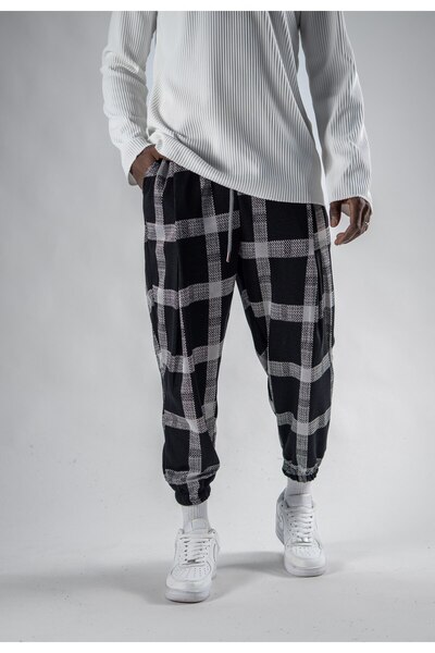 Superbluemexico Unisex Pleated Jacquard Plaid Patterned Jogger Pants