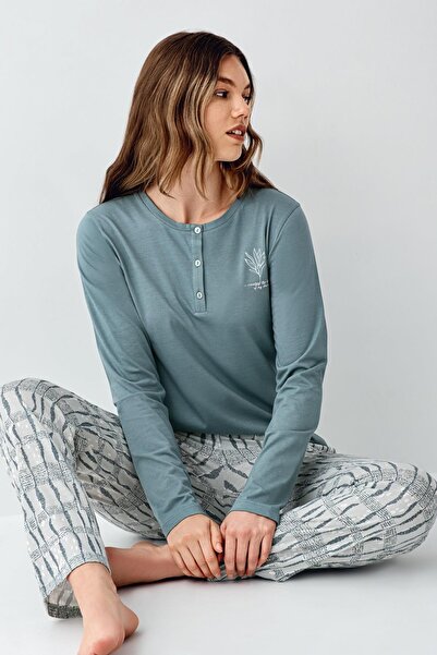 Arnetta Women's Dark Green Button-Down Collar Seasonal Pajama Set, 50% Modal 50% Cotton