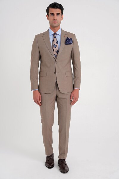 Efor Slim Fit Çift Yırtmaç Esnek Yün Vizon Takım Elbise Tk 918