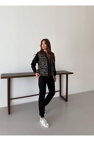 QİMYA BUTİK Buketli̇ Women's Full Zipper Glitter Jacquard Leopard Top and Jogger Pants Two-Piece Set