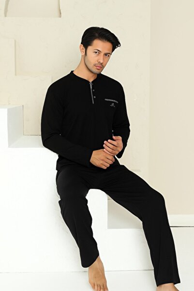 ALİMER Men's Black Crew Neck 3 Button Chest Pocket Cotton Lycra Seasonal Long Sleeve Pajama Set with Pockets
