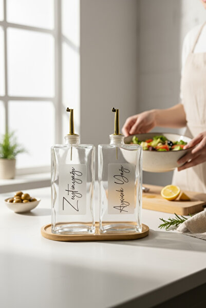 zezedesing 2'li Gold Kapaklı Cam Standlı Ayçiçek ve Zeytinyağı Etiketli Sosluk Sirkelik Yağdanlık Seti 750ML