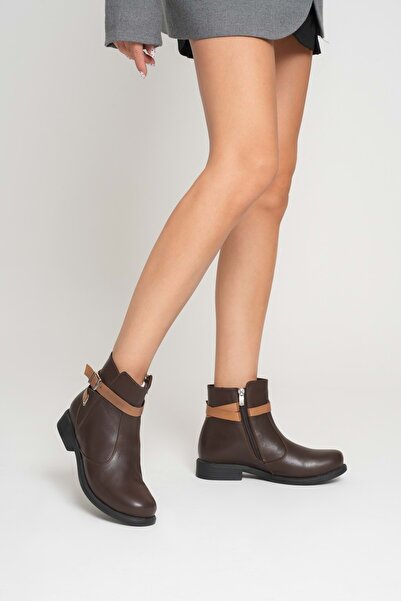 ANALİN SHOES Γυναικείες μπότες casual με ζώνη από γνήσιο δέρμα - Καφέ