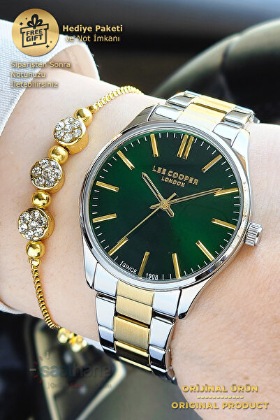 Lee Cooper Khaki Green Dial Yellow-White Case Steel Strap Women's Wristwatch with Bracelet Gift