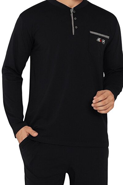 ALİMER Men's Black Crew Neck 3 Button Chest Pocket Cotton Lycra Seasonal Long Sleeve Pajama Set with Pockets