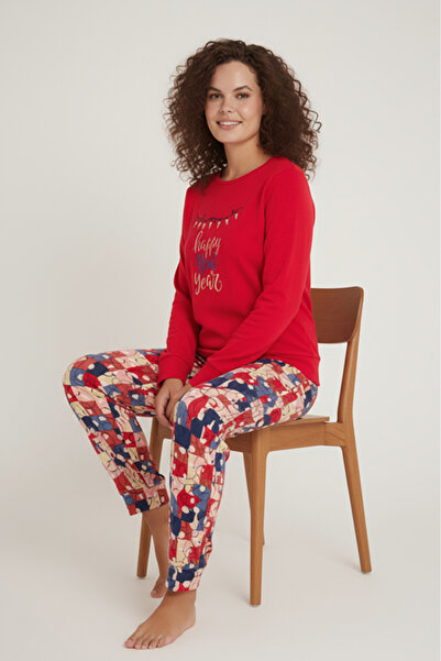 Bravie Luxury Thermal Happy New Year Patterned Women's Fleece Winter Pajama Set – 42049