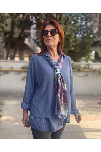 DenizEge Tricotaj italian Orkide cu cămașă și eșarfă, albastru indigo