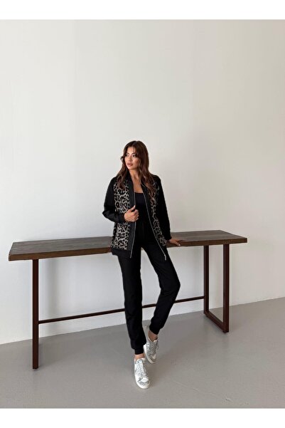 QİMYA BUTİK Buketli̇ Women's Full Zipper Glitter Jacquard Leopard Top and Jogger Pants Two-Piece Set