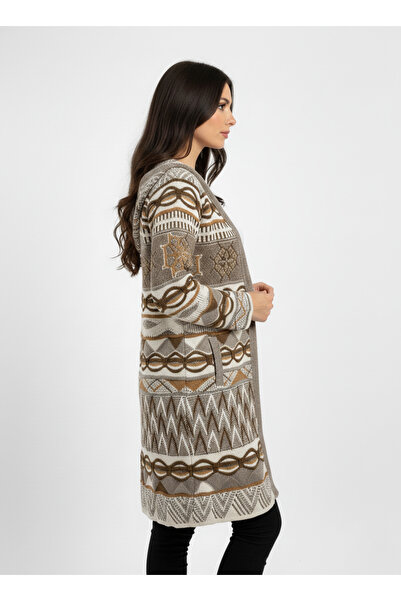 Uludağ Triko Women's White Monogram Patterned Knitwear Hooded Long Cardigan