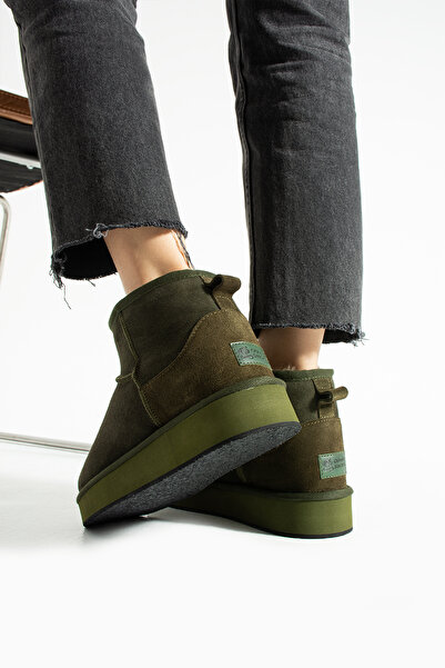 Güllü Shoes Haki Süet İçi Kürklü Kışlık Kadın Bot – Süet Kısa Bot, Kadın Kışlık Ayakkabı, Kürklü Kadın Bot