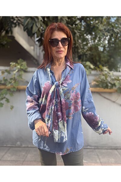 DenizEge Tricotaj italian Orkide cu cămașă și eșarfă, albastru indigo