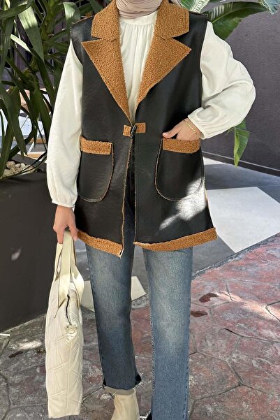 lamelif Δερμάτινο γιλέκο με γούνινο λεπτομέρεια εσωτερικά, καφέ γαλακτώδες