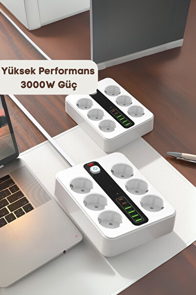 Yussraw Pro P11 6x Priz 3000W Termal Akım Korumalı 4x USB 2x Type-C Girişli Çoklu Priz
