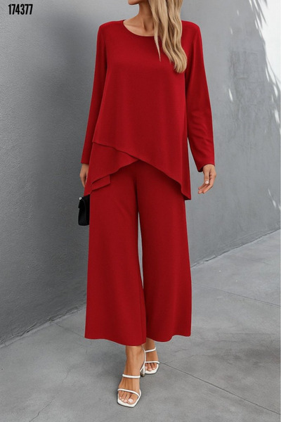 Modayakamoz Yeni Sezon Kadın Sandy İkili Takım Viskon Uzun Kollu Bluz ve Pantolon