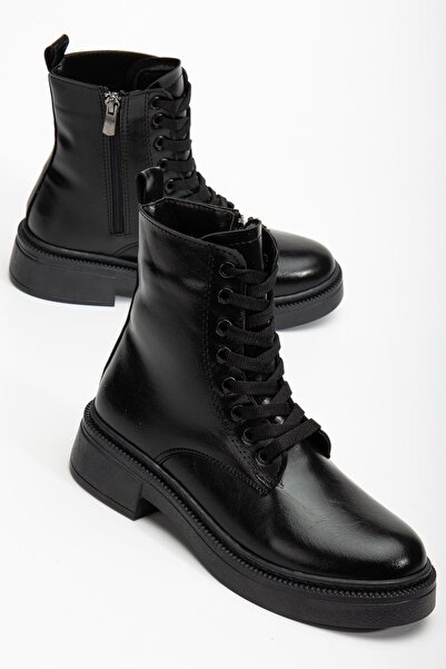 Hayalimdeki Ayakkabı Kadın Parlak Günlük Siyah Cilt Kalın Tabanlı Postal Bot