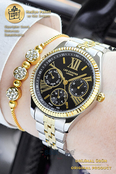 Lee Cooper ساعة يد نسائية بقرص أسود مع تقويم نشط ووظائف أصلية مع هدية سوار