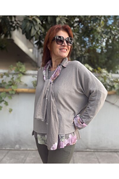 DenizEge Италианска риза с орхидея и шал, плетен от визон