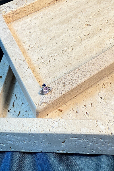 MOONİ ACCESSORİES Saturn Gezegen Model Safir ve Açık Pembe Taşlı Gümüş Stainl...