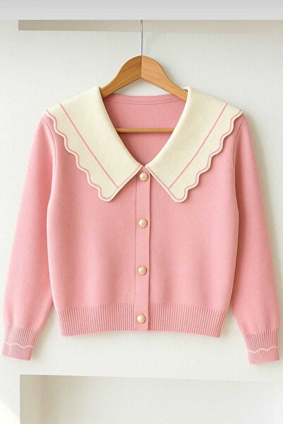 sovl Pembe Bebe Yaka Düğmeli Triko Kadın Hırka Görünümlü Kazak