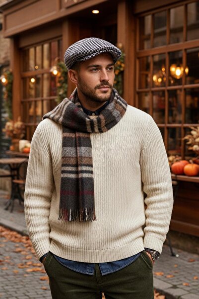 Külah قبعة رجالية من نوع هاوند تايت – قبعة مسطحة بنمط ريترو منقوشة بلون إكرو