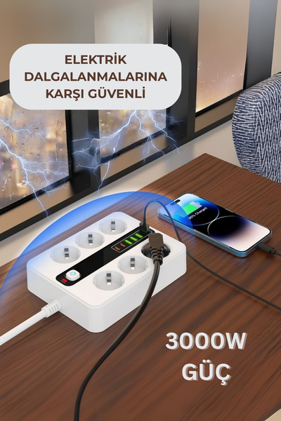 Yussraw Pro P11 6x Priz 3000W Termal Akım Korumalı 4x USB 2x Type-C Girişli Çoklu Priz