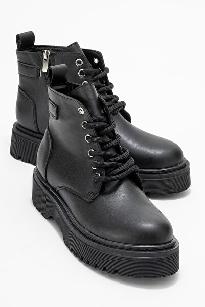 CCWAY AYAKKABI Κοντές γυναικείες μπότες με επίπεδη σόλα ΜΑΥΡΟ ΔΕΡΜΑ