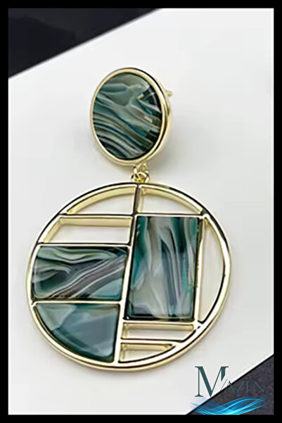 MAZEN Artemis Serisi | Yeşil Desenli Geometrik Küpe | Gold Çerçeveli Çelik Küpe