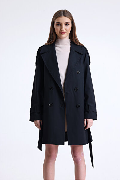 DOLCEBELLA Kruvaze Siyah Kapama Kısa Trençkot