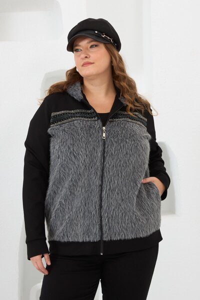 RMG Large Size Tracksuit Top with Stamp Garnish and Stones Black