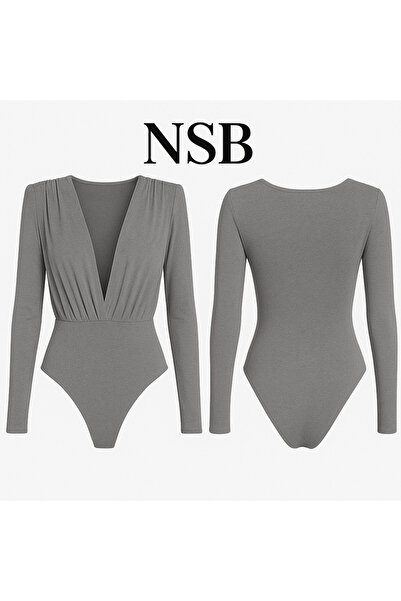 Nsb Tasarım Deep V-Neck Bodysuit with Padded Gathered Details