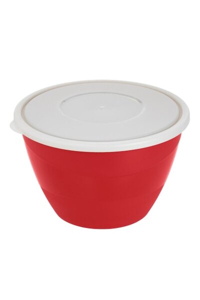 SHOPIENS Plastic Round Container, Red, 1.7L, White Frosty Lid, Ø17.4cm, H11.5cm