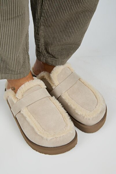 Manijero (Ecemi Platform) Women's Genuine Leather Fur Loafer Platform Beige Slippers