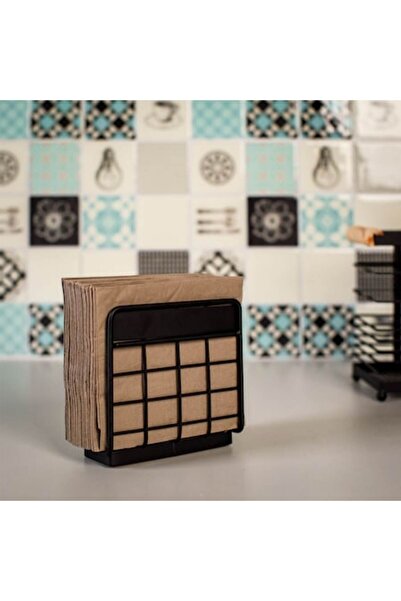 SHOPIENS Metal Napkin Holder, Black with Wooden Base, 12x6x11.5 cm