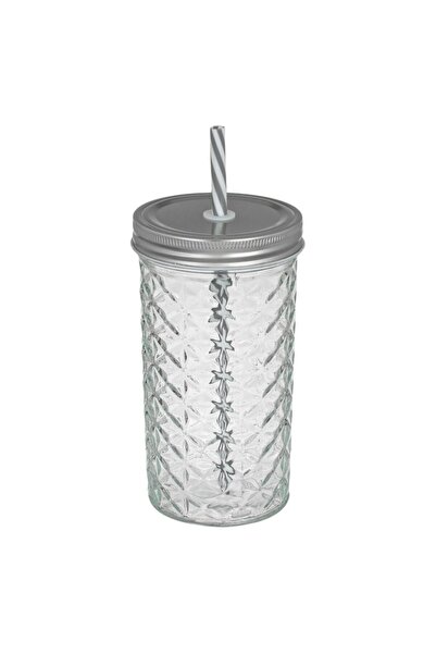 SHOPIENS Glass Cup 600ml Relief Pattern, Metal Lid, Reusable Straw - MYONNA